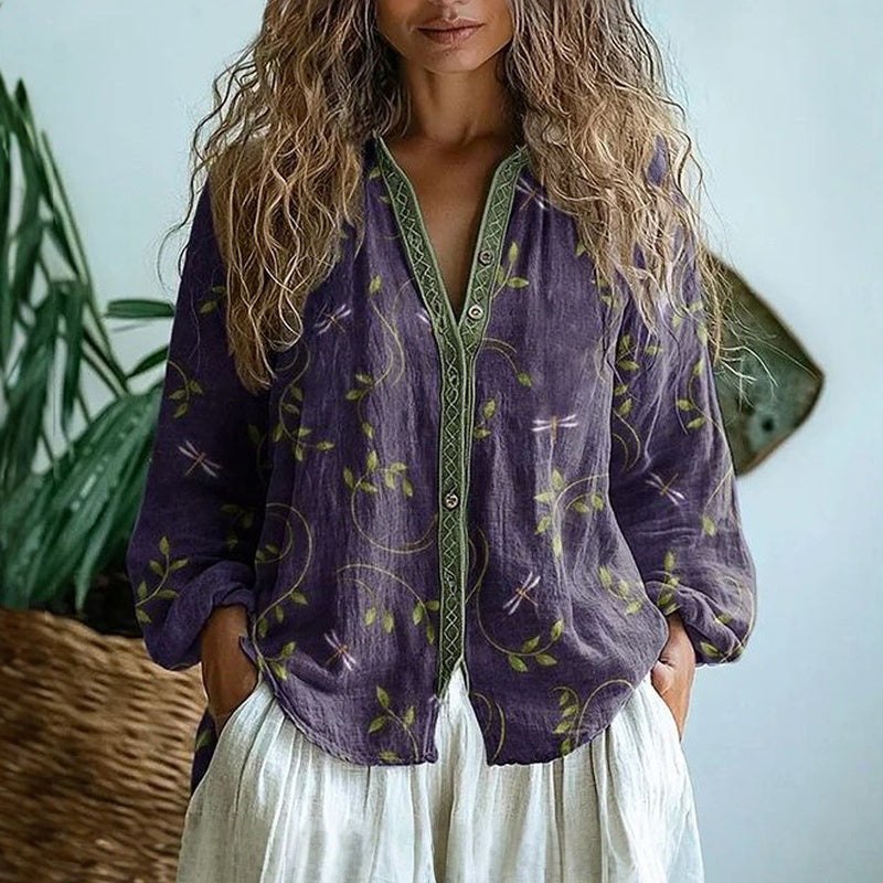 Luzia | Blusa Vintage con Estampado de Hojas