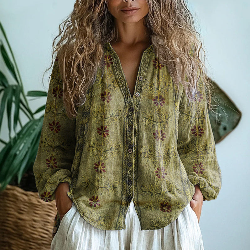 Luzia | Blusa Vintage con Estampado de Hojas